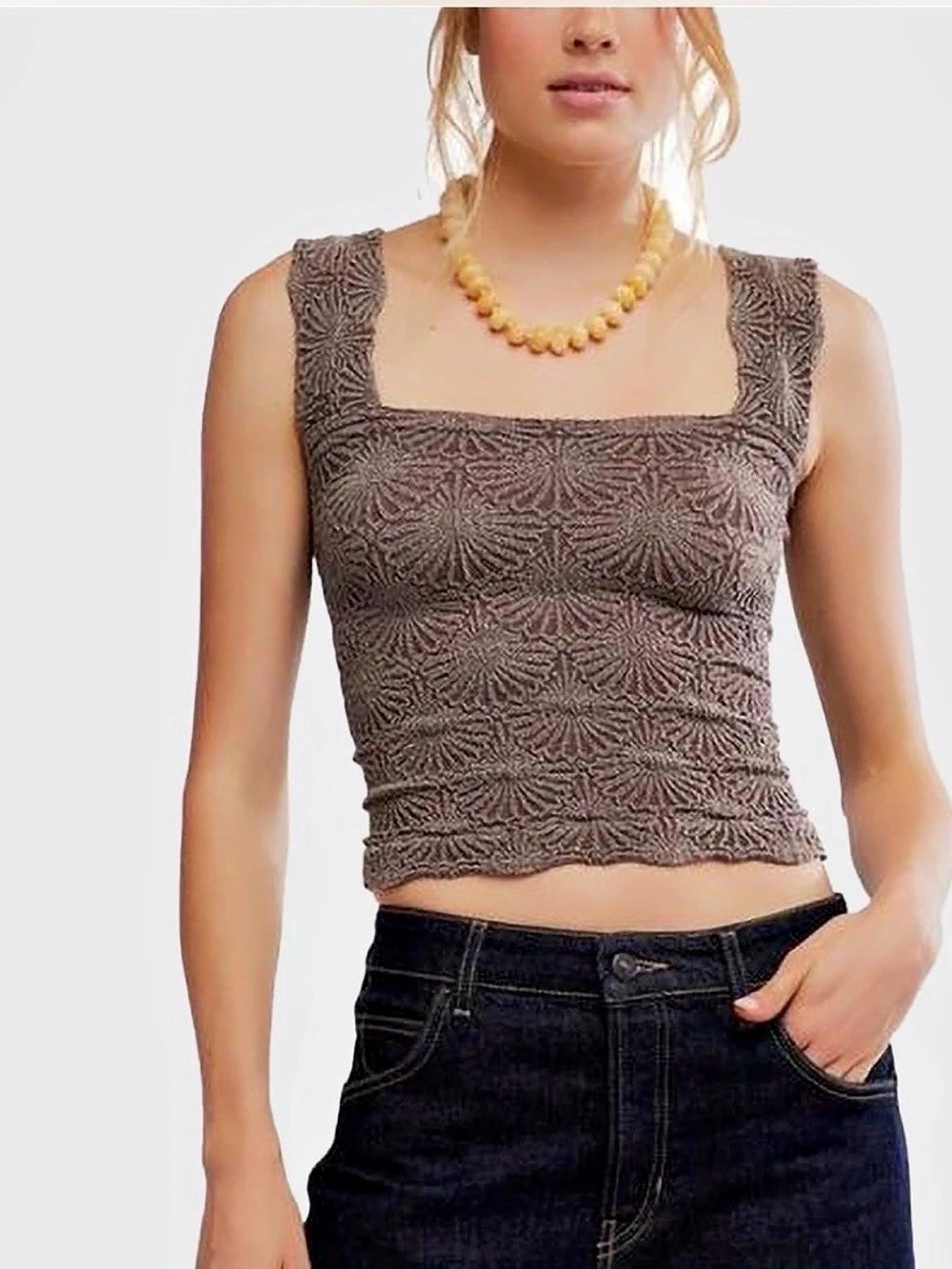 Free People Intimately Seamless Love Sheer Lace Square Neck Tank Top Brown XS/S